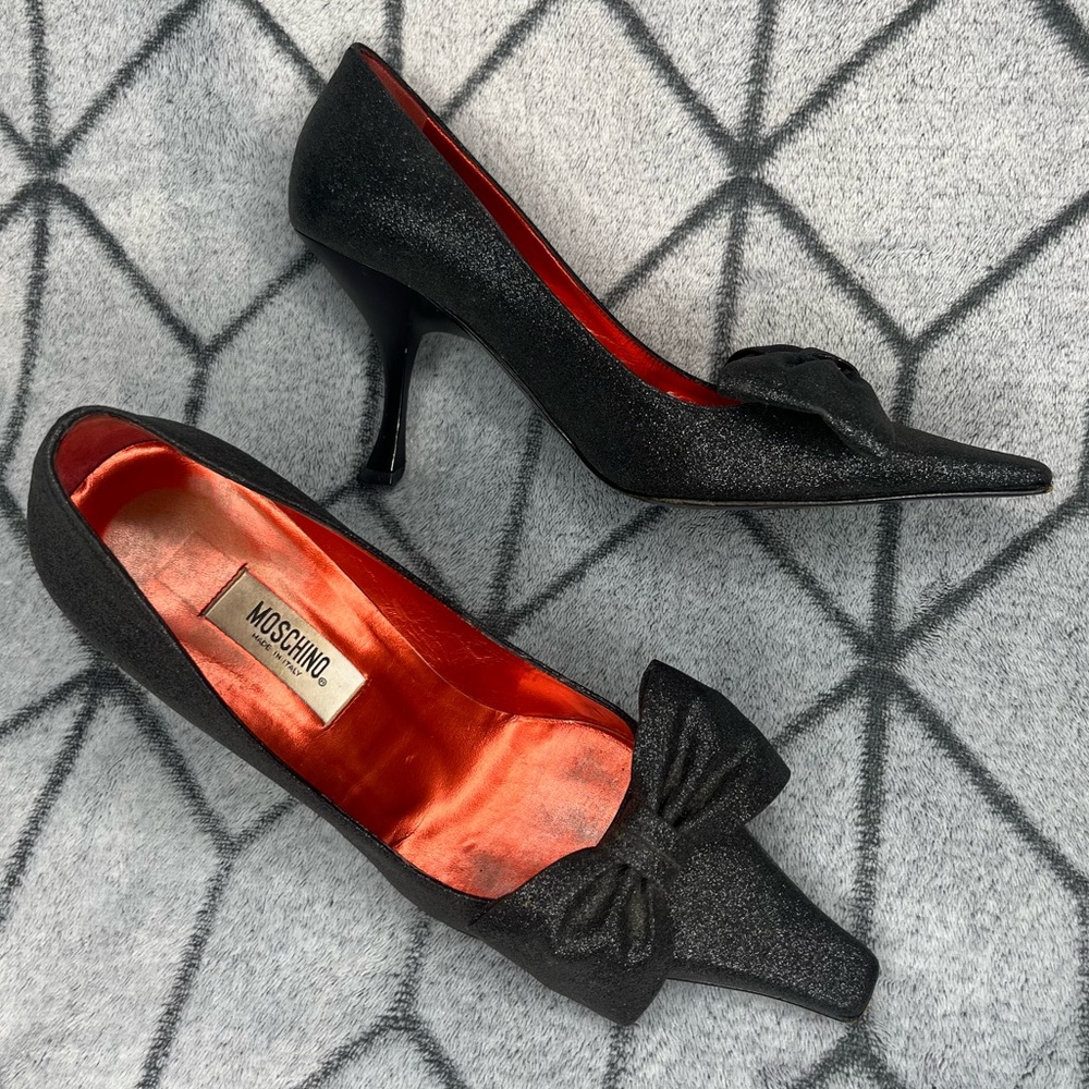 Vintage Moschino Black Glitter Sparkle Bow Heels - Size 36